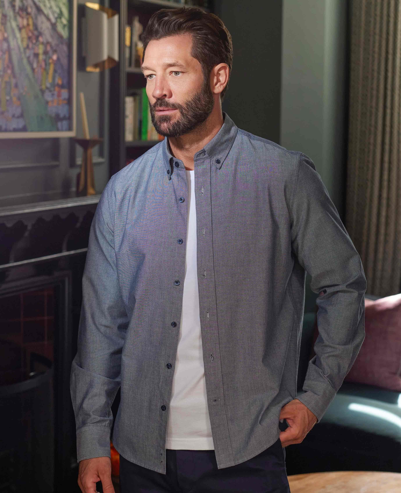 FILA Camicia Oxford da uomo Savile Row Company slim fit blu navy chambray manica lunga cotone