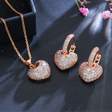 Women Rose Gold Plated Zircon Heart Pendant Necklace Huggie Earrings Jewelry Set