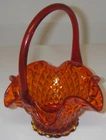 Vintage Glass BASKET Diamond Cut Amberina Applied Handled Ruffled 8" Decorative