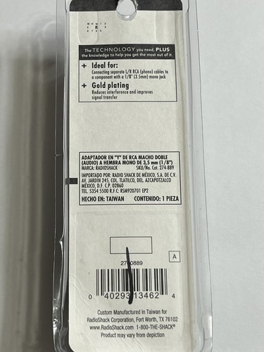 RadioShack Dual RCA (Phono) Male to 1/8" (3.5mm) Mono Female #274-889 - Picture 3 of 3