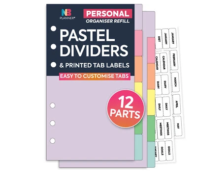NBPLANNER Personal FILOFAX COMPATIBLE 12-part card pastel dividers & clear tab labels