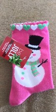 NWT BE JOLLY KIDS SUPER CUTE HOT PINK W/ HEARTS SNOWMAN CHRISTMAS SOCKS 10-4