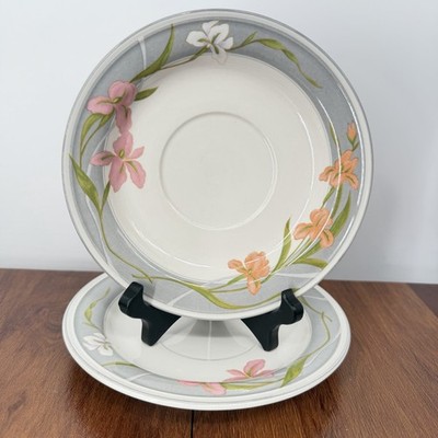 Two Sango Cherish 378 Floral Tea Cup Saucers Plates Gray With Pink Iris VTG 80s