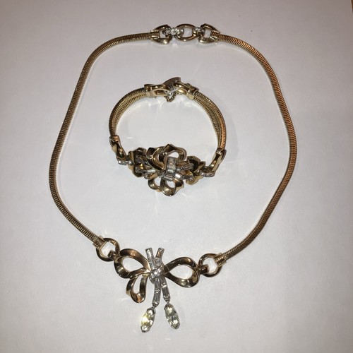 Vintage Mazer Bros Rhinestone Necklace & Bracelet Multi Cut Estate Gold Tone