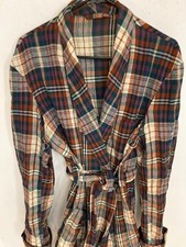 House Coat VINTAGE 70s Robe Green / Brown Plaid Pocket /Belt - SIZE MEDIUM 38/40