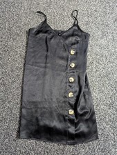River Island Satin Slip Dress Size 8 Black Mini Decorative Buttons Cami