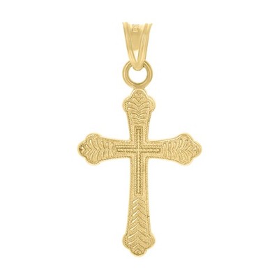Real 10K Yellow Gold 0.65'' Religious Charm Texture Filigree Budded Cross Pendant