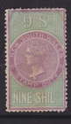 NSW 1874 -1880 9/- Green & Purple QV STAMP DUTY LONG TYPE LIGHT USED (SC27.16)