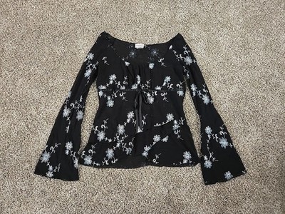Fashion Bug Vtg 90s Y2K Whimsy Floral Bell Sleeve Shirt Womans Sz Sm Fairycore