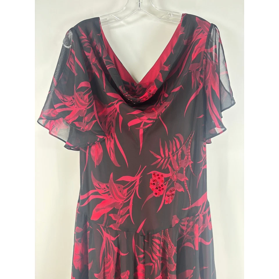 Roaman's Women's Dress 18W Black Red Floral Maxi Cowl Neck Sequin 90s Whimsygoth - Image 3 of 4