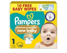 Pampers Premium Protection New Baby Size 1, 180 Nappies, 2kg-5kg, Monthly Pack + 0.12 per nappy