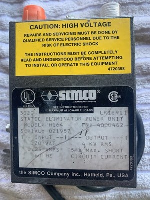 SIMCO H-164 STATIC ELIMINATOR POWER UNIT IP:.25A 120V OP:4KV ~