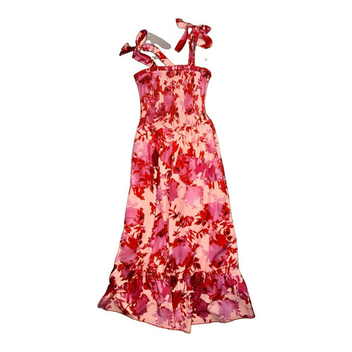 Women’s Pink/Red/White Floral Smocked Tie-Strap Square Neck Midi Dress, S