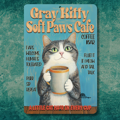 Gray Cat Coffee Bar Sign Soft Paws Cafe funny kitty metal tin home wall art