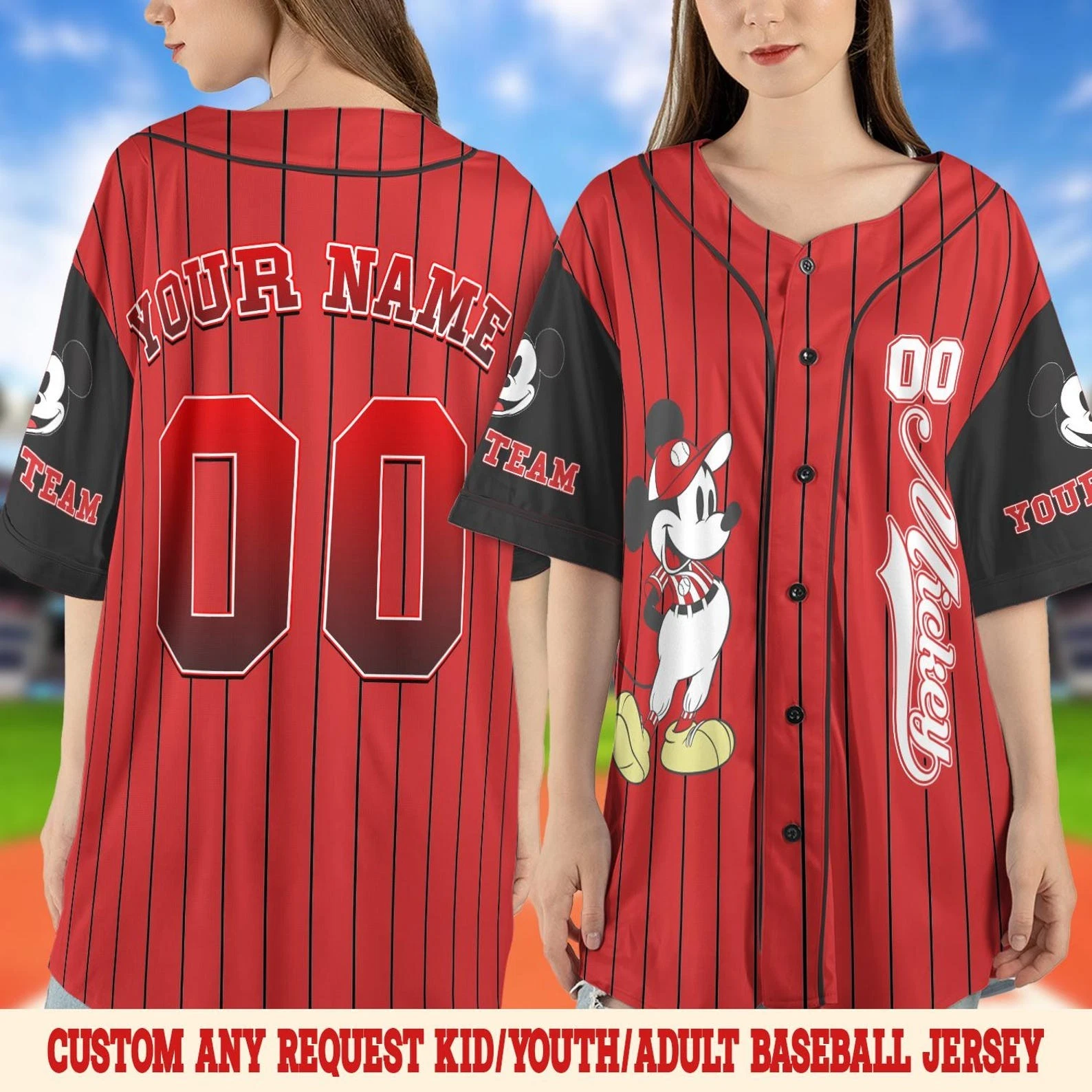 Personalized Mickey Mouse Birthday Gift Black Red Striped Baseball Jersey Shirt
