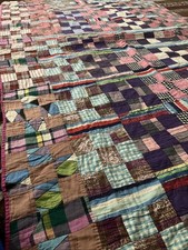 Vintage 60s Hand Stitched Log Cabin Patchwork Quilt 80x50 Frayed Edges