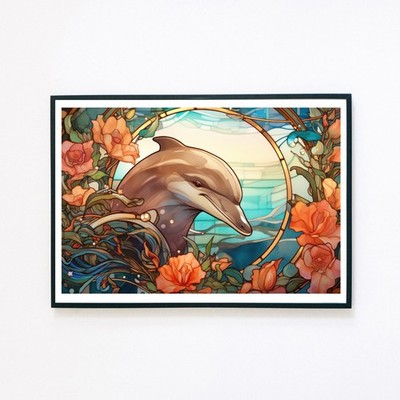 Delfin Marine Meer Botanische Blumen Illustration A4 Wohndeko Wandkunstdruck