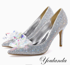 Women Silver Crystal Pointed Toe High Stiletto Heels Shoes Wedding Diamond Pumps