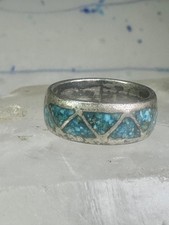 Vintage Zuni Turquoise Chip Inlay Sterling Silver Wedding Band Ring Size 7 925