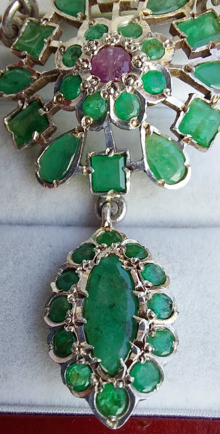 Silver Necklace Emerald Ruby Large Pendant Heavy … - image 4