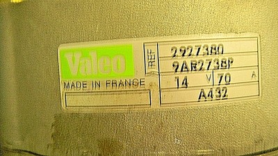 VALEO 2927380 ALTERNATOR 9AR2738P 70A 14V A432 NO PULLEY | eBay 