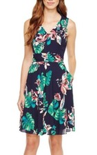 Tahari Navy-Mult Floral Leaf Print A-Line Self-Tie Dress w/Pockets Size 12 $128.