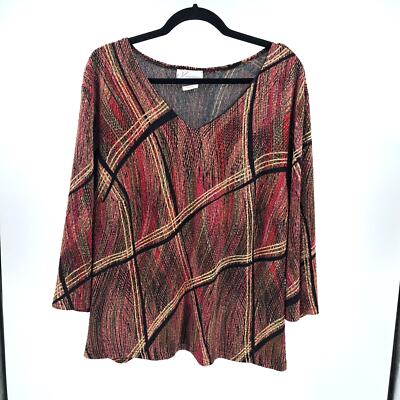 Vintage Dressbarn Top Plus 2X Plaid V-Neck 3/4 Sleeve Textured 90s