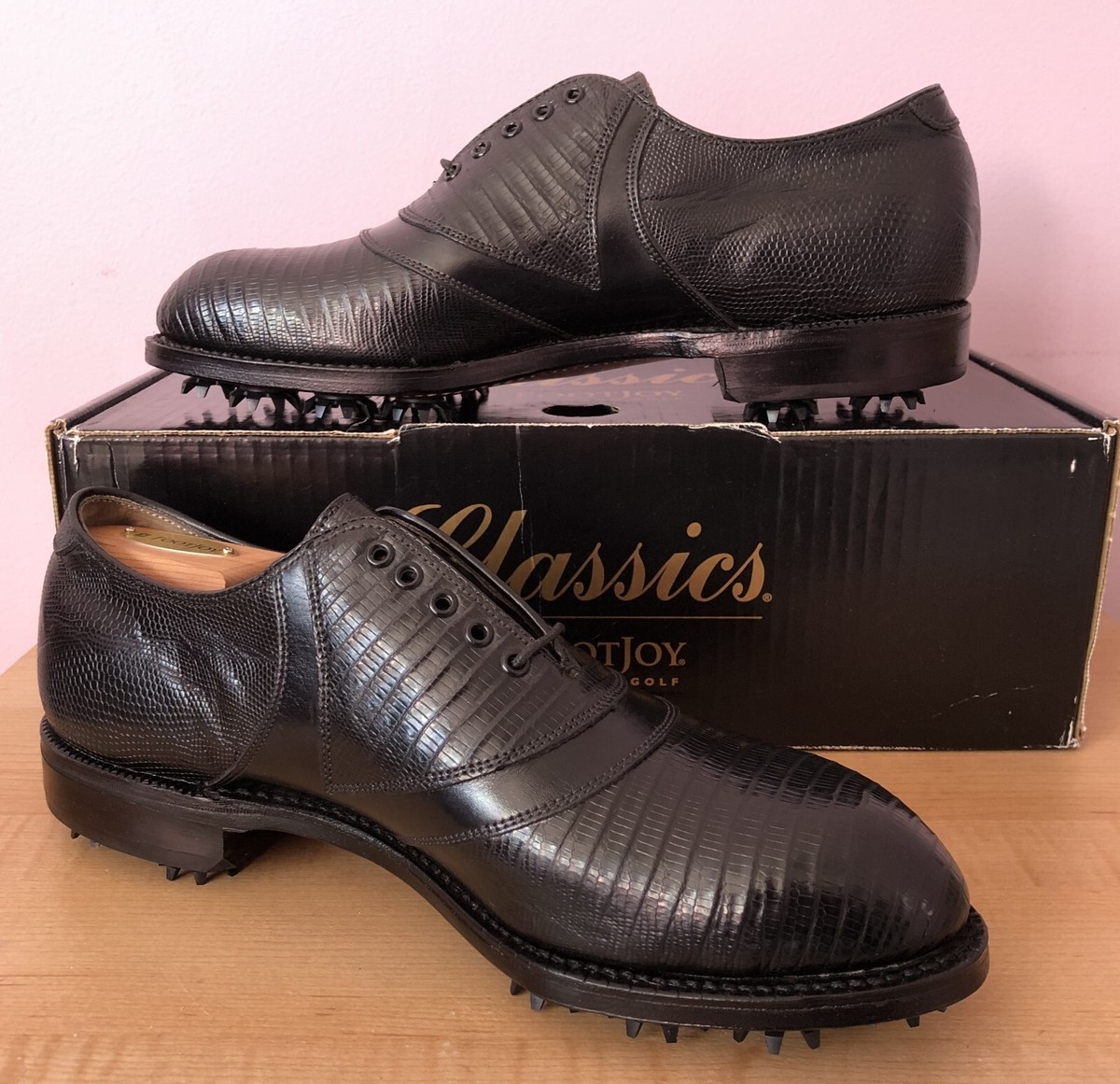 NEW FootJoy Classics Black Tegu Lizard V-saddle golf shoes Men's