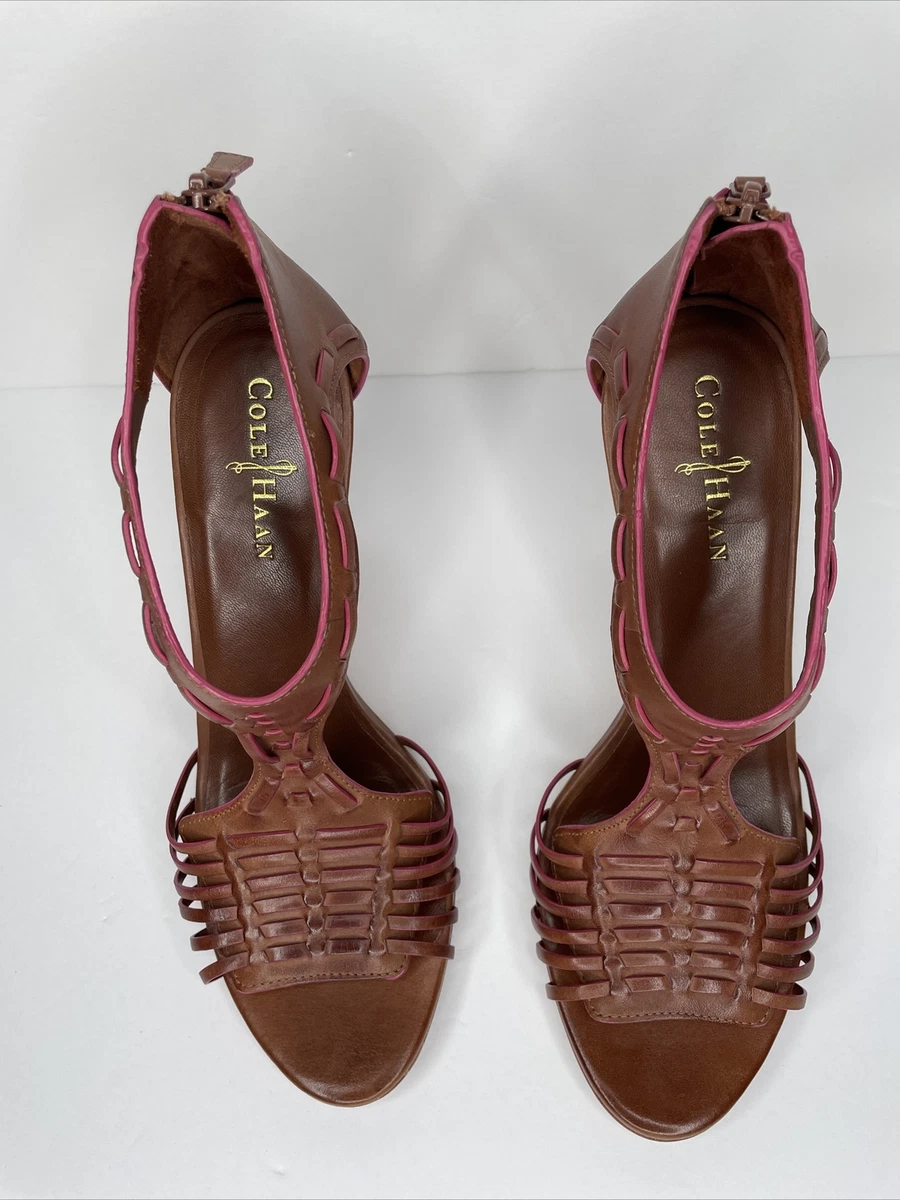 COLE HAAN NikeAir Women s Leather Brown Heels Pump Open Toe 9 B Zipper T Strap