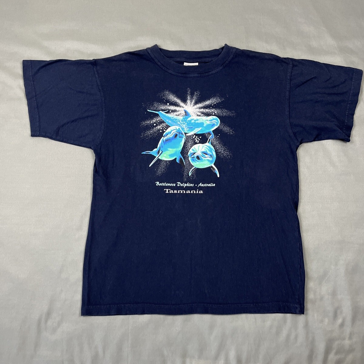 Vintage Tasmania Australia Souvenir Tee Blue Large Dolphins VTG 