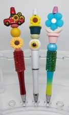   Custom Flower Beaded Pen Set of 3, Black Ink, Free Refill