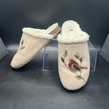 Land's End Cork scuff Slippers Chevron w/Bird Embroidered sherpa lined Size 11