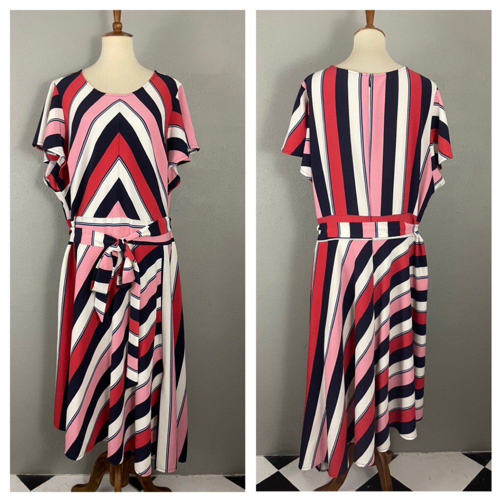 Lane Bryant Striped Stretchy Dress Sz 26 Belted Red White Navy