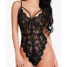 Avidlove Lace Teddy One-piece Bodysuit w/ Scalloped Trim Lingerie  Black, Small