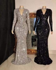 Women V Neck Long Sleeve Sequin Dress Evening Dress Party Trailing Maxi Dresses