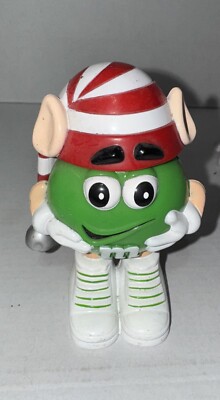 4'' green M&M candy holder dispenser red white stripe silver bell hat elf ears