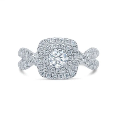 14K Weißgold Diamant Verlobungsring Rund Double Halo Square Twist Bügel - Bild 1 von 3
