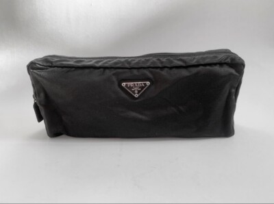 PRADA Black Schwarz Satin Cotton Black Zipper Cosmetic Clutch Travel Bag Tasche