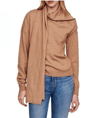 Maje Scarf Neck Wool Blend Sweater Attached Scarf Camel Womens Size 1 Or US S