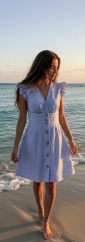 Cupshe Women Blue Striped Button Ruffle Sleeve V Neck  Shirt Dress Mini Size 10
