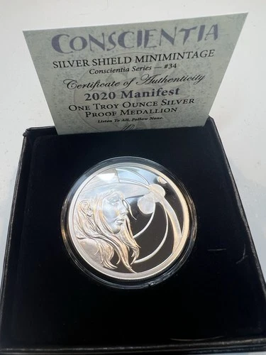 2020 Manifest Silver Shield 1 Oz Proof Medallion (Conscientia #34) w/Box, COA