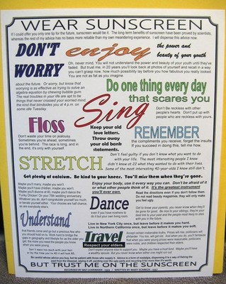 Everybody's Free To Wear Sunscreen Lyric Poster