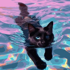 Black Cat Swimming Paint by Numbers Kit for Adults Beginner DIY Wall Art Decor