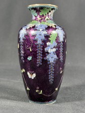 Japanese Cloisonne Enamel Ginbari Vase Wisteria Purpie Ground Antique Meiji