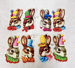 Vintage Bunny Rabbit Heads Fancy Hats Die Cut Paper 4 Sheets England MLP No 956