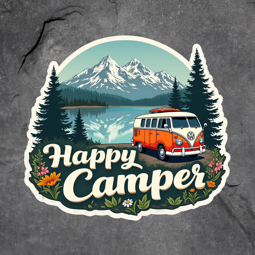 Happy Camper sticker vinyl decal retro van camping mountain lake ...