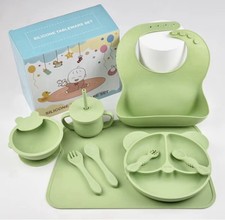 New 9 Piece Silicone Baby Feeding Set Kids Tableware Set Plate Bowl Cup Spoon