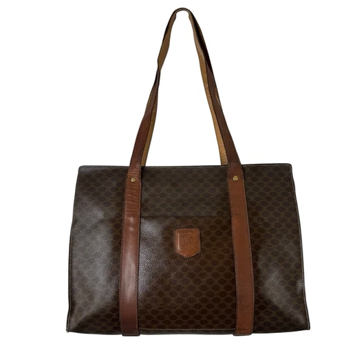 Borsa a tracolla grande CELINE logo macadam monogram PVC pelle marrone Italia M95