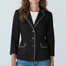 ANN TAYLOR Black Blazer with White Contrast Stitching 3 Button Jacket Size 2