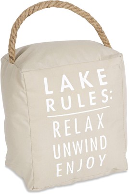 Lake Rules: Relax Unwind Enjoy Tan Door Stopper, Off White, 5'' x 6''